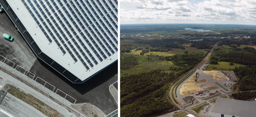 Tak med solpaneler och flygbild över Almnäs ovanifrån