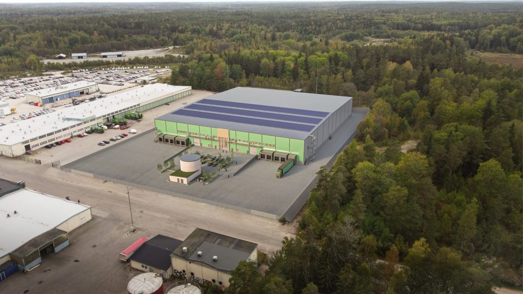 Illustration över ny logistikbyggnad i grått och grönt